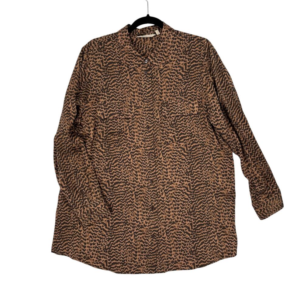 Soft Surroundings 100% Silk Blouse Womens XL Animal Print Long Brown Black